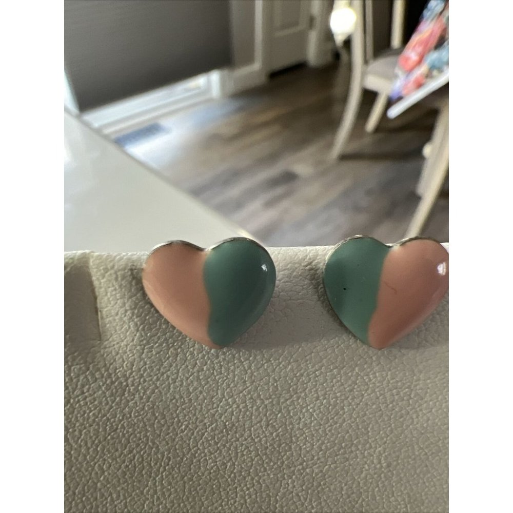 Women Blue And Pink Enamel Silvertone Heart Stud Earrings